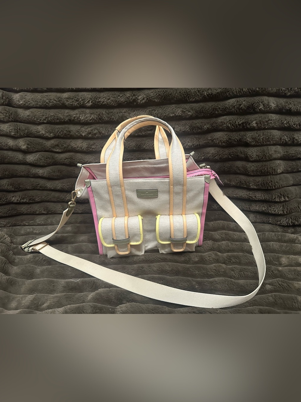 kate spade Neutral Canvas Satchel with Pink and Yellow Trim